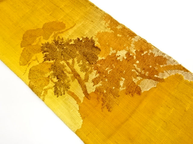 手織り真綿紬木々風景模様織出し名古屋帯